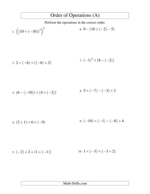 The Integers Order of Operations -- Three Steps Including Negative Integers (Old) Math Worksheet