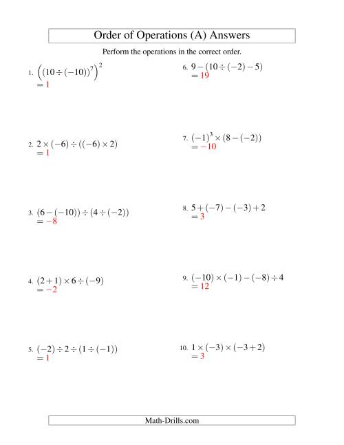 The Integers Order of Operations -- Three Steps Including Negative Integers (Old) Math Worksheet Page 2
