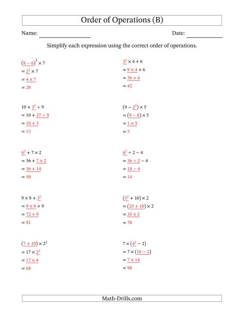 The Order of Operations with Whole Numbers (Three Steps) (B) Math Worksheet Page 2