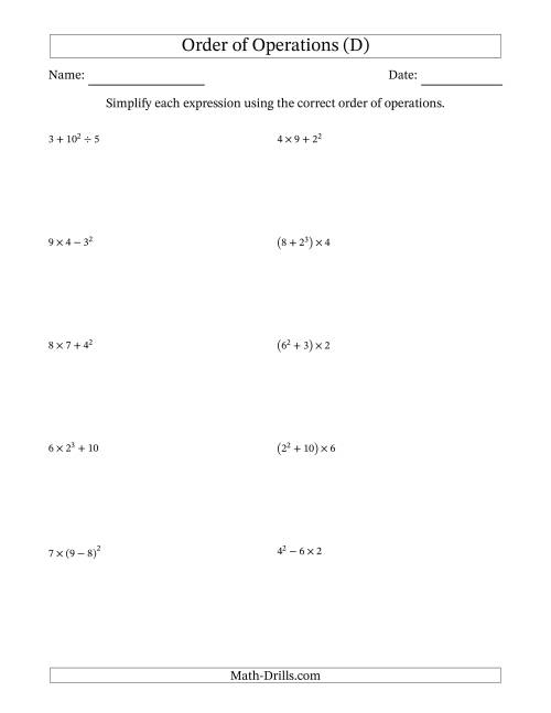 The Order of Operations with Whole Numbers (Three Steps) (D) Math Worksheet