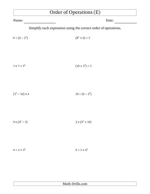 The Order of Operations with Whole Numbers (Three Steps) (E) Math Worksheet