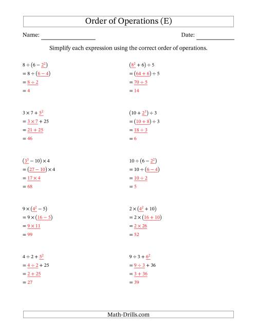 The Order of Operations with Whole Numbers (Three Steps) (E) Math Worksheet Page 2