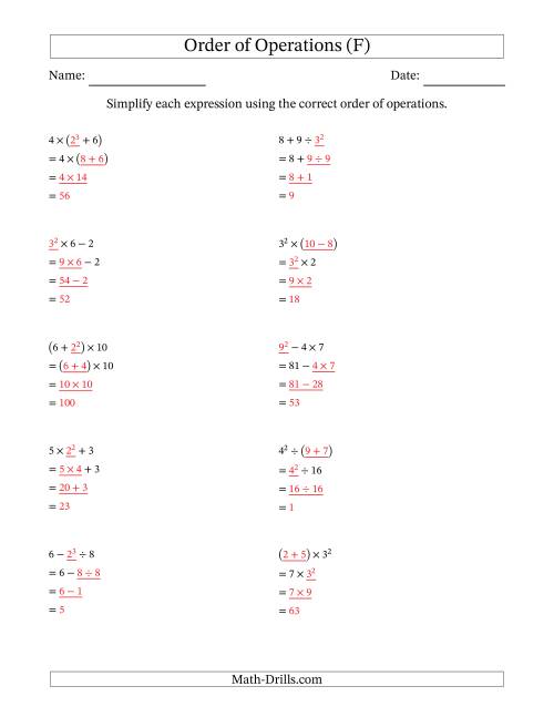 The Order of Operations with Whole Numbers (Three Steps) (F) Math Worksheet Page 2