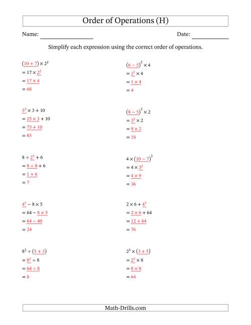 The Order of Operations with Whole Numbers (Three Steps) (H) Math Worksheet Page 2