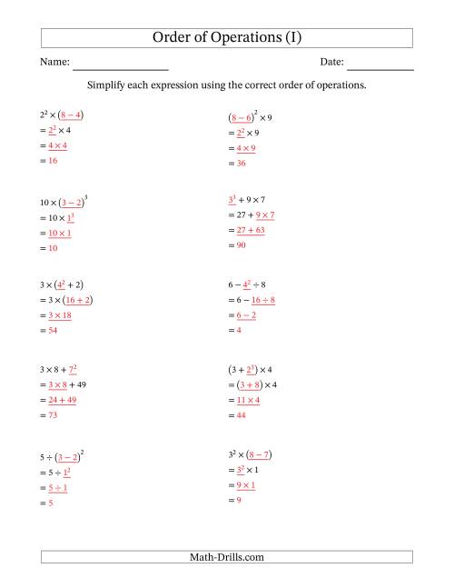 The Order of Operations with Whole Numbers (Three Steps) (I) Math Worksheet Page 2