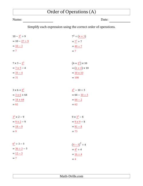 The Order of Operations with Whole Numbers (Three Steps) (All) Math Worksheet Page 2