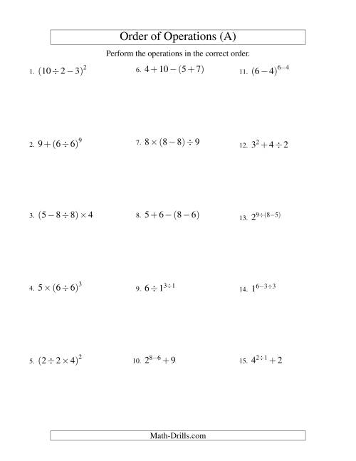 The Integers Order of Operations -- Three Steps (Old) Math Worksheet