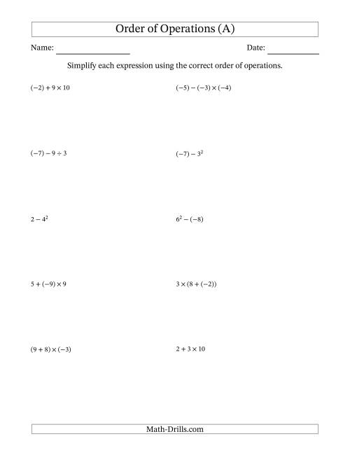 The Order of Operations with Negative and Positive Integers (Two Steps) (A) Math Worksheet
