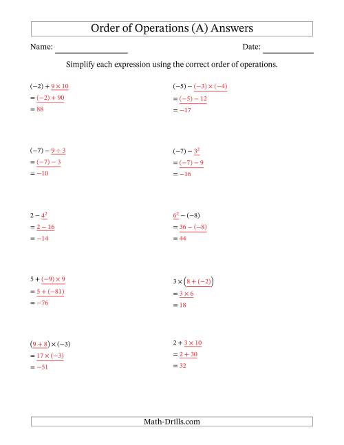 The Order of Operations with Negative and Positive Integers (Two Steps) (A) Math Worksheet Page 2