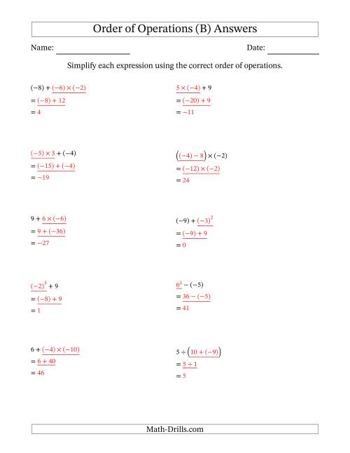The Order of Operations with Negative and Positive Integers (Two Steps) (B) Math Worksheet Page 2