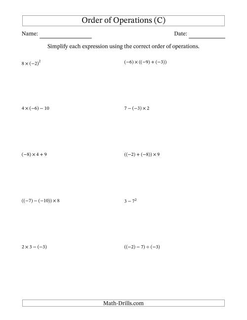 The Order of Operations with Negative and Positive Integers (Two Steps) (C) Math Worksheet