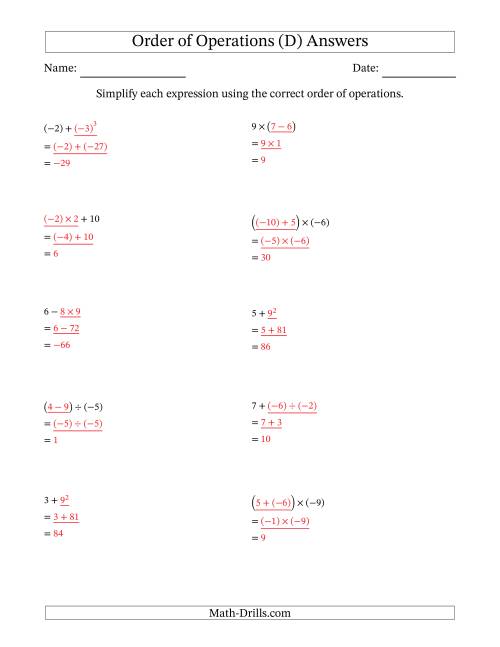 The Order of Operations with Negative and Positive Integers (Two Steps) (D) Math Worksheet Page 2