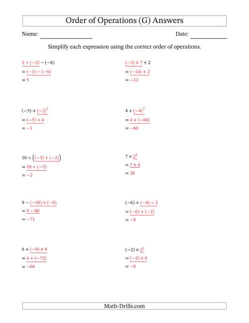 The Order of Operations with Negative and Positive Integers (Two Steps) (G) Math Worksheet Page 2