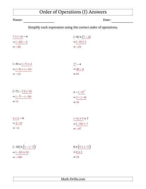 The Order of Operations with Negative and Positive Integers (Two Steps) (I) Math Worksheet Page 2