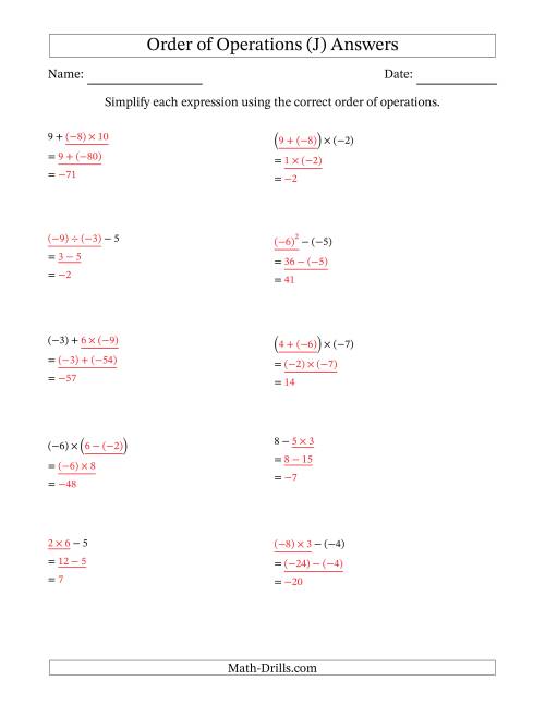 The Order of Operations with Negative and Positive Integers (Two Steps) (J) Math Worksheet Page 2