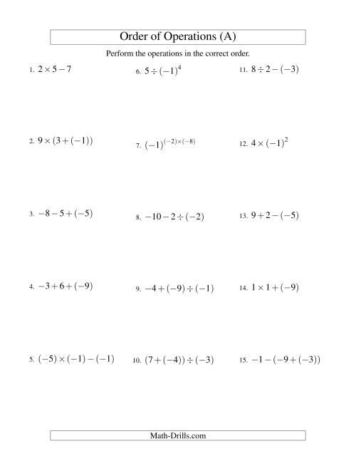 The Integers Order of Operations -- Two Steps Including Negative Integers (Old) Math Worksheet