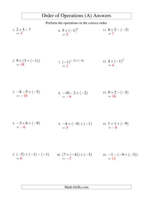 The Integers Order of Operations -- Two Steps Including Negative Integers (Old) Math Worksheet Page 2