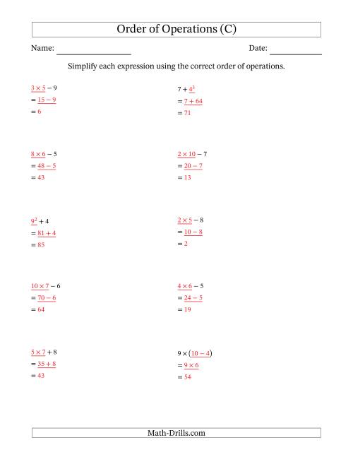 The Order of Operations with Whole Numbers (Two Steps) (C) Math Worksheet Page 2