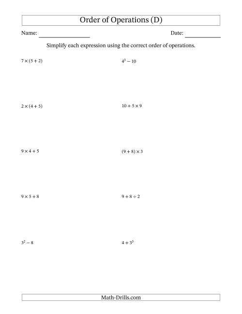 The Order of Operations with Whole Numbers (Two Steps) (D) Math Worksheet