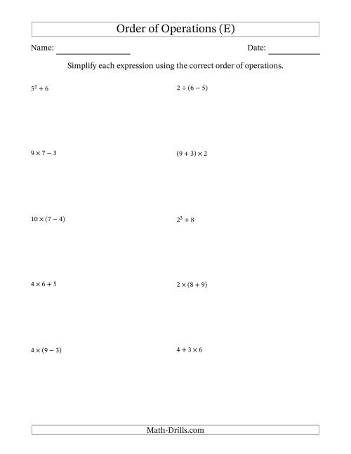 The Order of Operations with Whole Numbers (Two Steps) (E) Math Worksheet