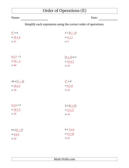The Order of Operations with Whole Numbers (Two Steps) (E) Math Worksheet Page 2