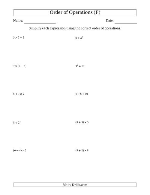 The Order of Operations with Whole Numbers (Two Steps) (F) Math Worksheet