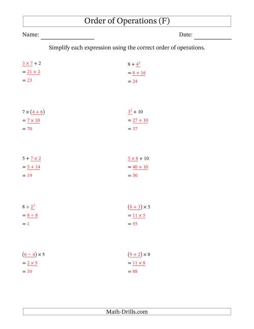 The Order of Operations with Whole Numbers (Two Steps) (F) Math Worksheet Page 2