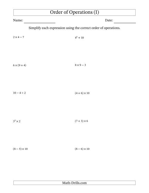The Order of Operations with Whole Numbers (Two Steps) (I) Math Worksheet