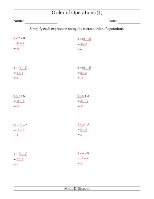 The Order of Operations with Whole Numbers (Two Steps) (J) Math Worksheet Page 2