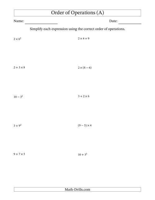 The Order of Operations with Whole Numbers (Two Steps) (All) Math Worksheet