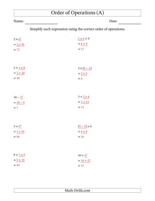 The Order of Operations with Whole Numbers (Two Steps) (All) Math Worksheet Page 2