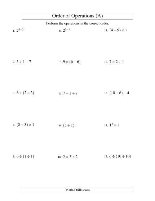 The Integers Order of Operations -- Two Steps (Old) Math Worksheet