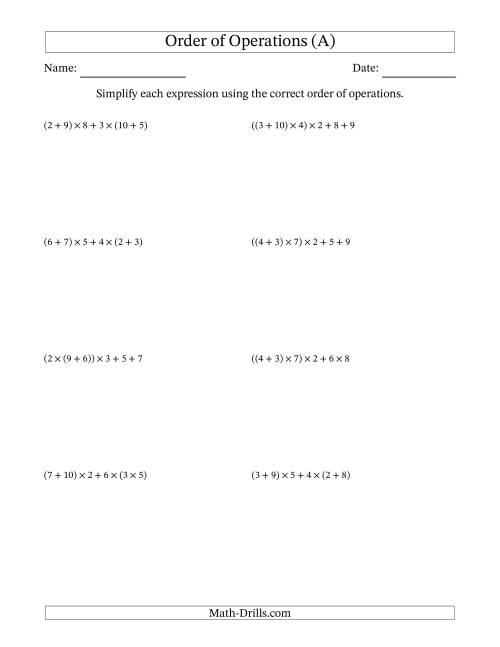 The Order of Operations with Whole Numbers Multiplication and Addition Only (Five Steps) (A) Math Worksheet