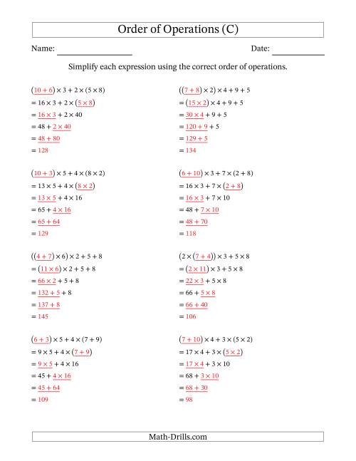 The Order of Operations with Whole Numbers Multiplication and Addition Only (Five Steps) (C) Math Worksheet Page 2