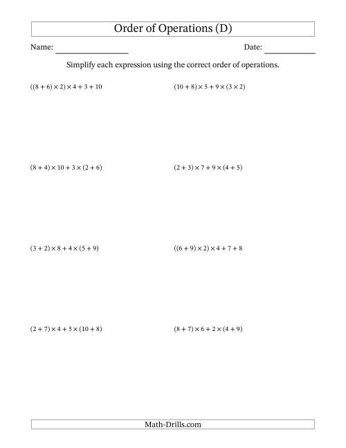 The Order of Operations with Whole Numbers Multiplication and Addition Only (Five Steps) (D) Math Worksheet