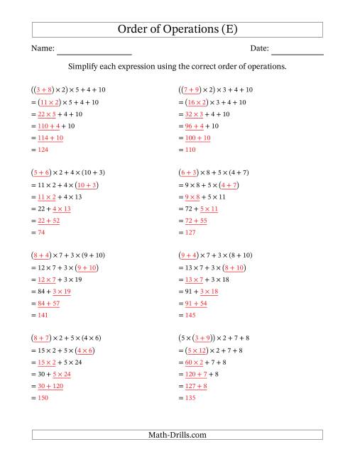 The Order of Operations with Whole Numbers Multiplication and Addition Only (Five Steps) (E) Math Worksheet Page 2