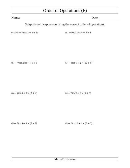 The Order of Operations with Whole Numbers Multiplication and Addition Only (Five Steps) (F) Math Worksheet