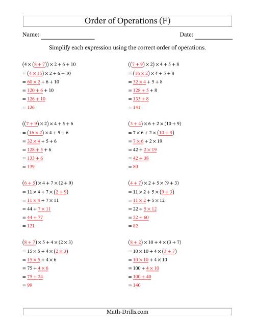 The Order of Operations with Whole Numbers Multiplication and Addition Only (Five Steps) (F) Math Worksheet Page 2