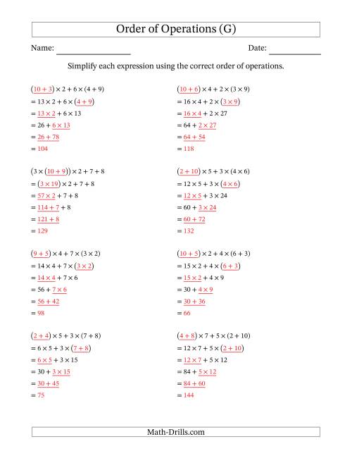 The Order of Operations with Whole Numbers Multiplication and Addition Only (Five Steps) (G) Math Worksheet Page 2