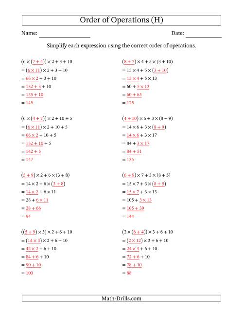 The Order of Operations with Whole Numbers Multiplication and Addition Only (Five Steps) (H) Math Worksheet Page 2