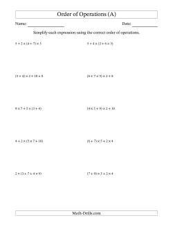 Order of Operations with Whole Numbers Multiplication and Addition Only (Four Steps)