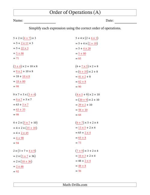 The Order of Operations with Whole Numbers Multiplication and Addition Only (Four Steps) (A) Math Worksheet Page 2