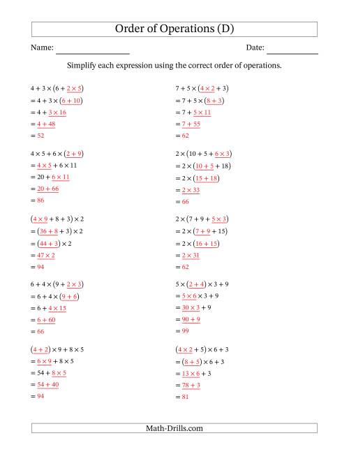 The Order of Operations with Whole Numbers Multiplication and Addition Only (Four Steps) (D) Math Worksheet Page 2