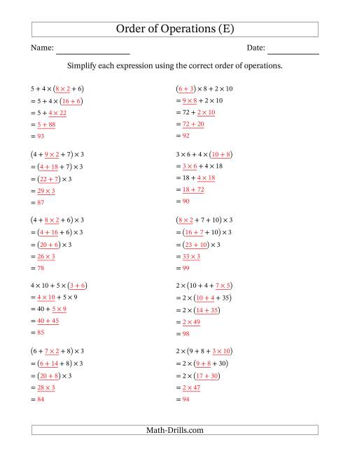 The Order of Operations with Whole Numbers Multiplication and Addition Only (Four Steps) (E) Math Worksheet Page 2