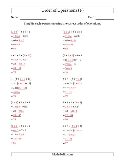 The Order of Operations with Whole Numbers Multiplication and Addition Only (Four Steps) (F) Math Worksheet Page 2