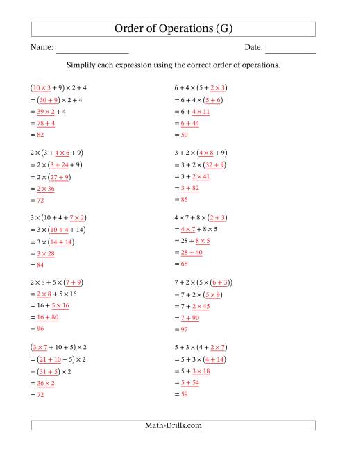 The Order of Operations with Whole Numbers Multiplication and Addition Only (Four Steps) (G) Math Worksheet Page 2