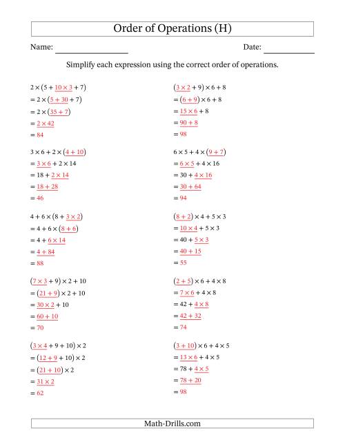 The Order of Operations with Whole Numbers Multiplication and Addition Only (Four Steps) (H) Math Worksheet Page 2