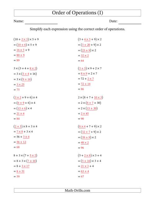 The Order of Operations with Whole Numbers Multiplication and Addition Only (Four Steps) (I) Math Worksheet Page 2