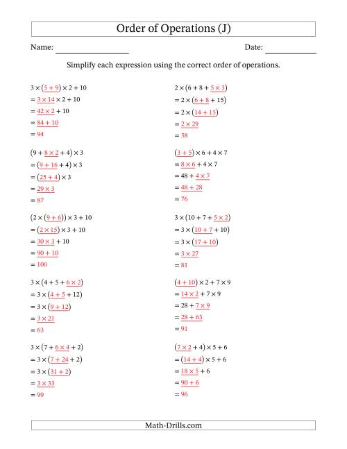 The Order of Operations with Whole Numbers Multiplication and Addition Only (Four Steps) (J) Math Worksheet Page 2