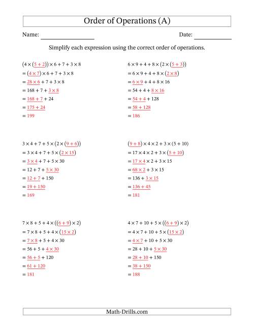 The Order of Operations with Whole Numbers Multiplication and Addition Only (Six Steps) (A) Math Worksheet Page 2